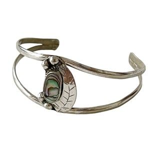 Signed Alpaca Mexico Abalone Shell Sterling Silver Open Cuff Bracelet Leaf Motif
